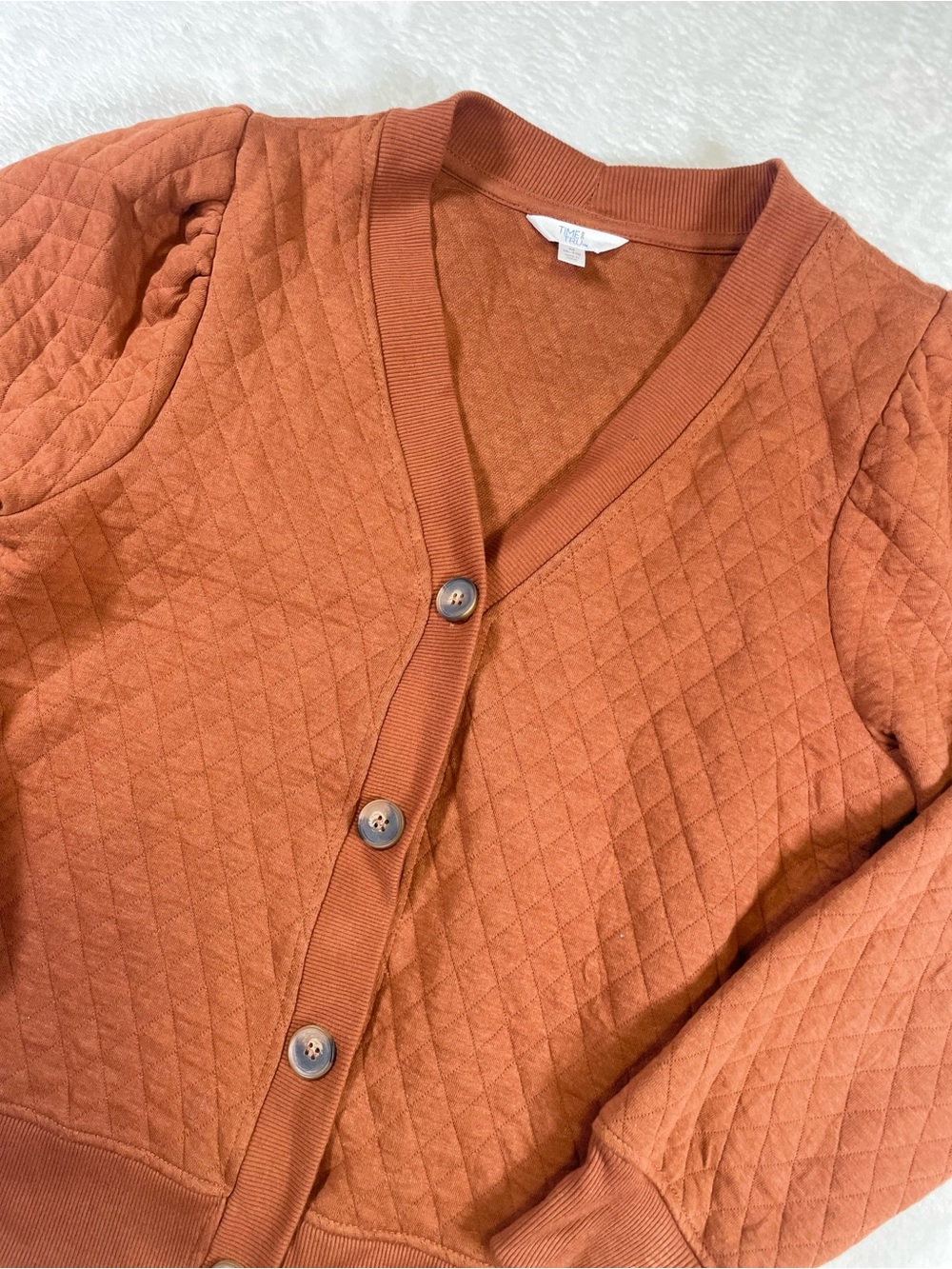 Time and Tru Rust Quilted Cardigan M Puff Sleeve Button Front Cottagecore - Picture 4 of 8